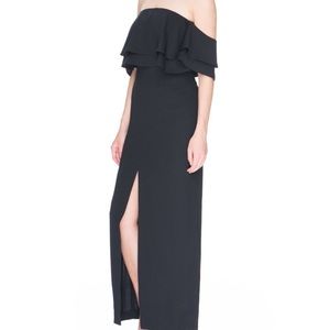 Keepsake off shoulder ruffle dress w/ front slit
